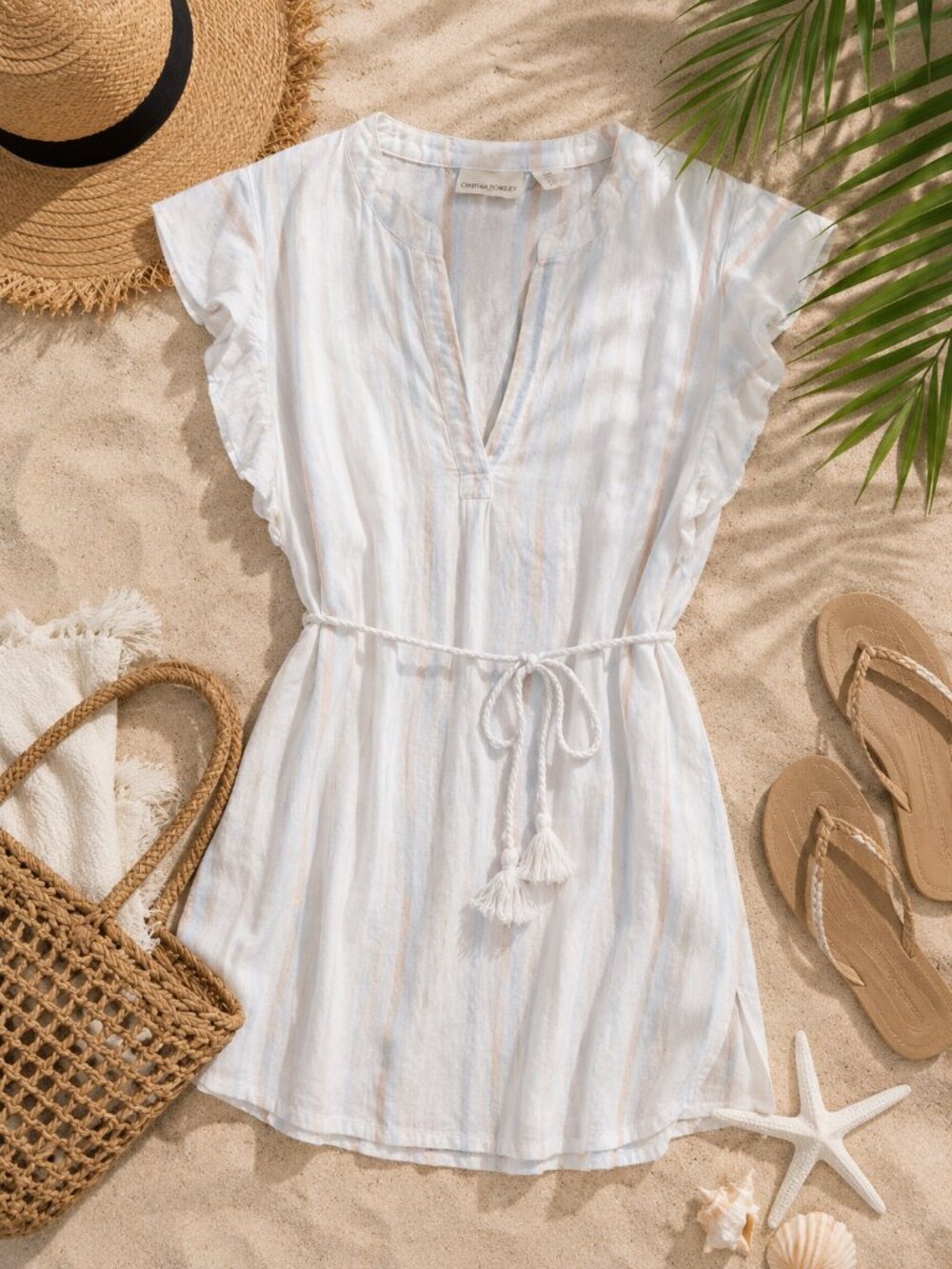 Cynthia Rowley Linen Blend Cover Up Dress Size L White Pastel Stripe Beach Tunic